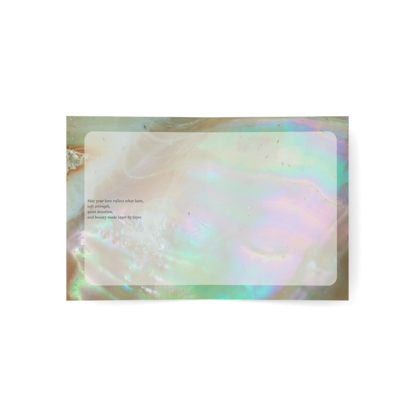 Inside of the “Where Light Settles Gently” wedding card, featuring a delicate message set on a mother-of-pearl inspired background. A poetic, elegant note honoring lasting love and quiet devotion.