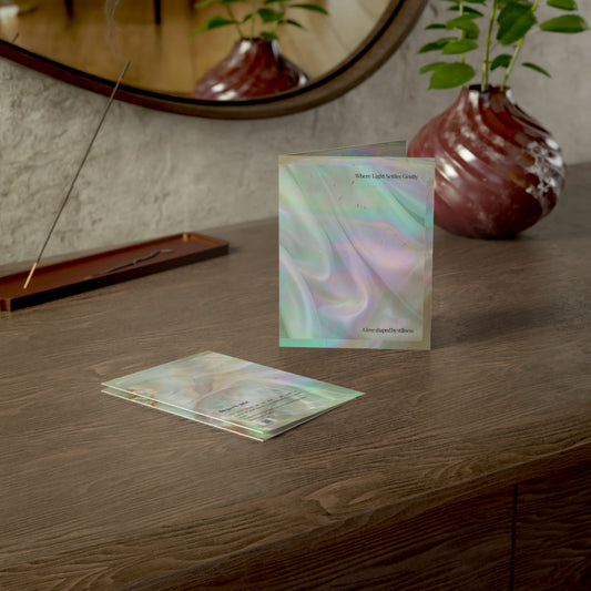 Where Light Settles Gently” wedding art card displayed on a modern wooden desk with soft light and a ceramic vase in the background. A serene and elegant greeting card styled for wedding gifting or heartfelt moments.