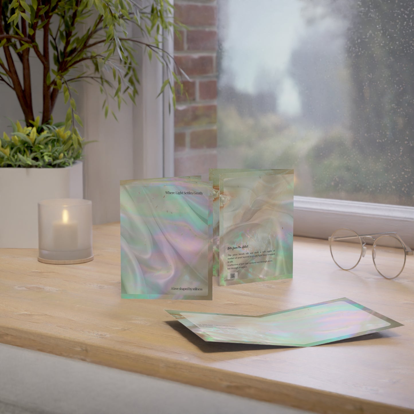 Lifestyle photo of “Where Light Settles Gently” wedding art card displayed near a window with soft light, candle, and glasses—evoking calm, presence, and lasting connection.