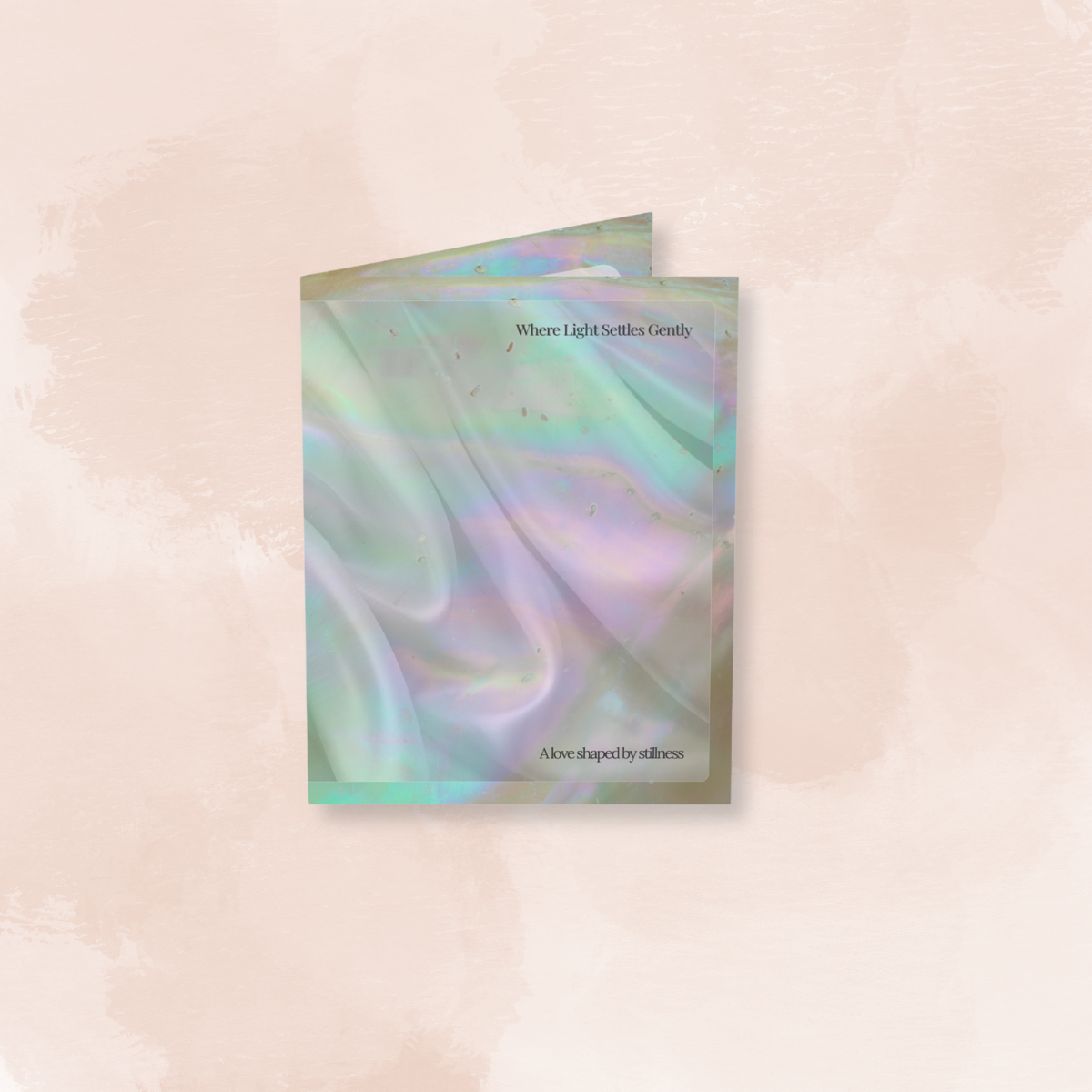 Elegant wedding art card with soft iridescent textures and the message “A love shaped by stillness."