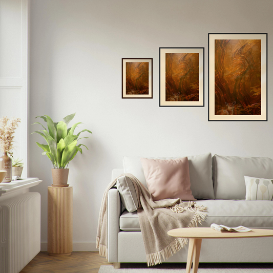 Three sizes of Whispers of Fall forest art print arranged on a wall, showing layered bark motif in natural tones