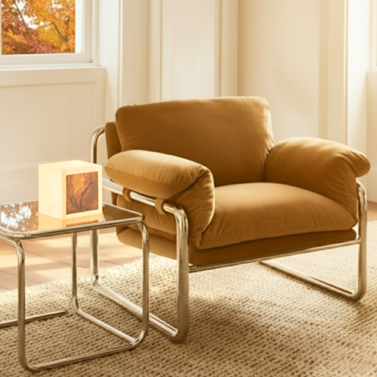 Whispers of Fall cube lamp with abstract leaf design styled beside a mustard armchair, creating a warm cozy space. Part of the Cozy Leaf Set with pillow cover and bookmark, perfect for autumn home décor and gifting.