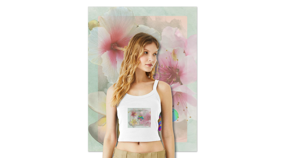 Model wearing the Bloom Baby Bloom cropped tank top standing in front of matching floral wall art — a vibrant duo from the PEC lifestyle capsule celebrating growth, color, and creative energy.