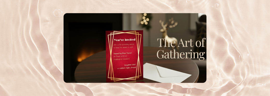 Holiday invitation card with red and gold Art Deco design on table near fireplace — banner for Printed Echoes Creations blog article The Art of Gathering, celebrating intentional and personalized holiday stationery.