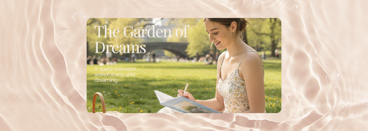 Springtime journaling scene of a woman writing outdoors in soft morning light, reflecting artful living, slow moments, and the inspiration behind The Garden of Dreams capsule.