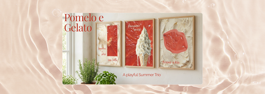  A high-end   blog banner for the pomelo e gelato collection featuring a trio of italian summer art prints, styled in a bright mediterranean kitchen. The design is franed by soft, sun-drenched water ripples to evoke a sensory, slow-living atmosphere