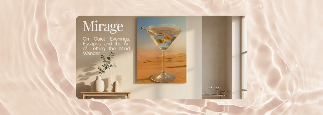 Lifestyle interior scene featuring the “Mirage” surreal desert martini art print hung above a neutral sofa, blending modern wall art, soft beige decor, and a dreamy cocktail-inspired artwork for a calm, contemporary living room.