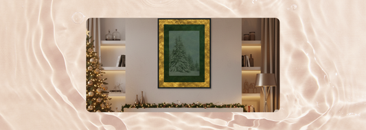Framed Velvet Solstice winter art print of a snowy fir tree with gold brass border, styled in a cozy holiday living room with garland and Christmas tree.