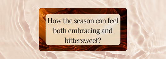 Minimalist blog graphic with warm marbled background and centered cream box text reading “How the season can feel both embracing and bittersweet?” — autumn-inspired design for Printed Echoes Creations.
