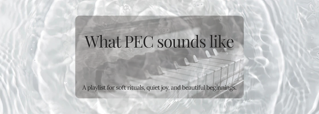 Overlay text reading ‘What PEC sounds like’ on a grayscale image of a piano submerged in soft, rippling water. A dreamy visual capturing the calm, emotional tone of the Printed Echoes Creations playlist article.