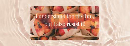 Blog banner with a background of peaches and pumpkins in baskets, overlaid with the text: “I understand the rhythm, but I also resist it!” Designed for a blog article about slow living, seasonal reflections, and resisting the rush into fall.