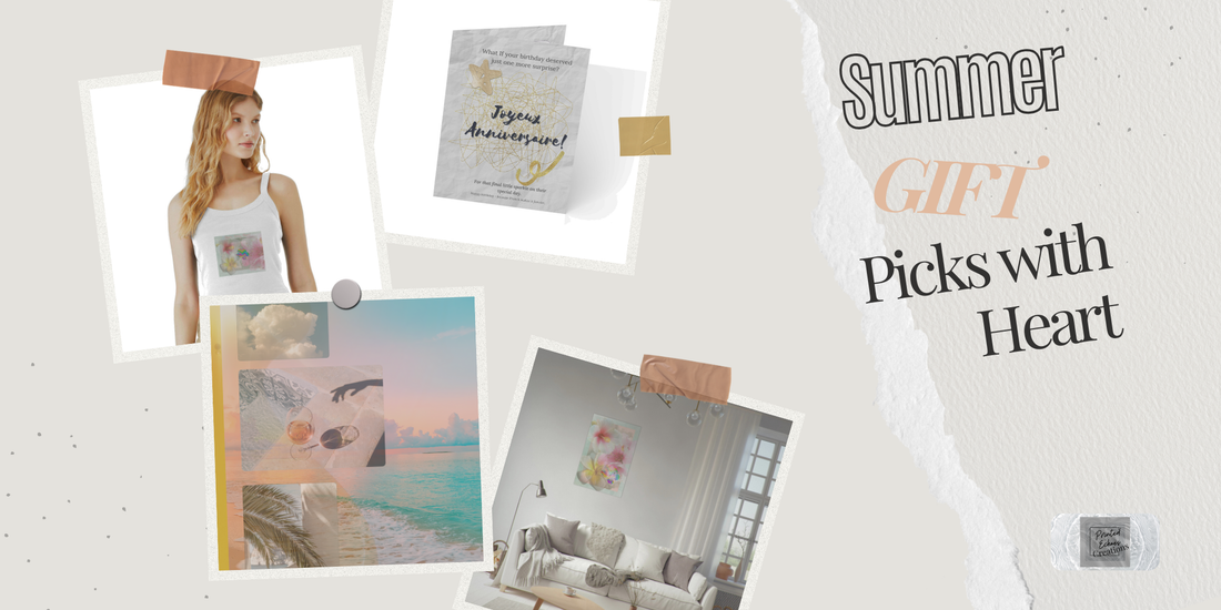 Summer birthday gift collage featuring art prints, a floral tank top, and greeting cards by Printed Echoes Creations, with a textured neutral background and handwritten PEC logo.