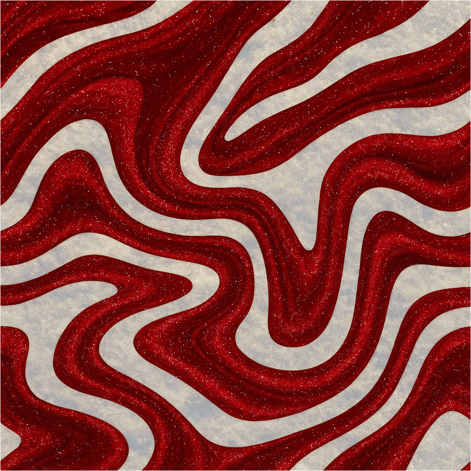 Red shimmering candy cane swirl pattern with snowy white texture, abstract holiday art design for festive décor and gifts.