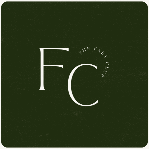 The Fart Club minimalist logo with FC initials on a dark green background, representing a witty capsule collection of funny shirts and sweaters.