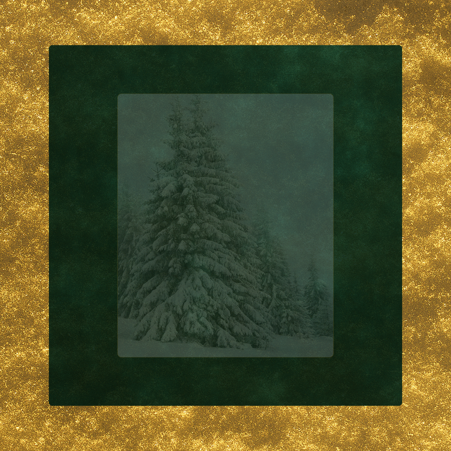 Velvet Solstice holiday wall art featuring a snow-dusted fir tree framed in deep green velvet with a glowing gold brass border, elegant winter décor.