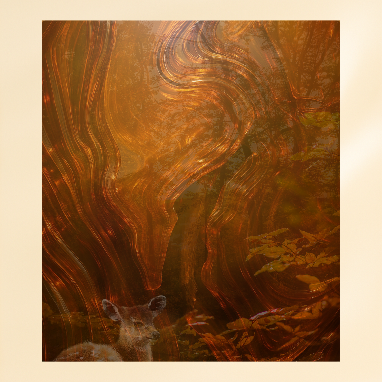Framed surreal forest wall art in warm autumn tones, part of the Whispers of Fall capsule — a curated collection of autumn décor for slow, cozy living.