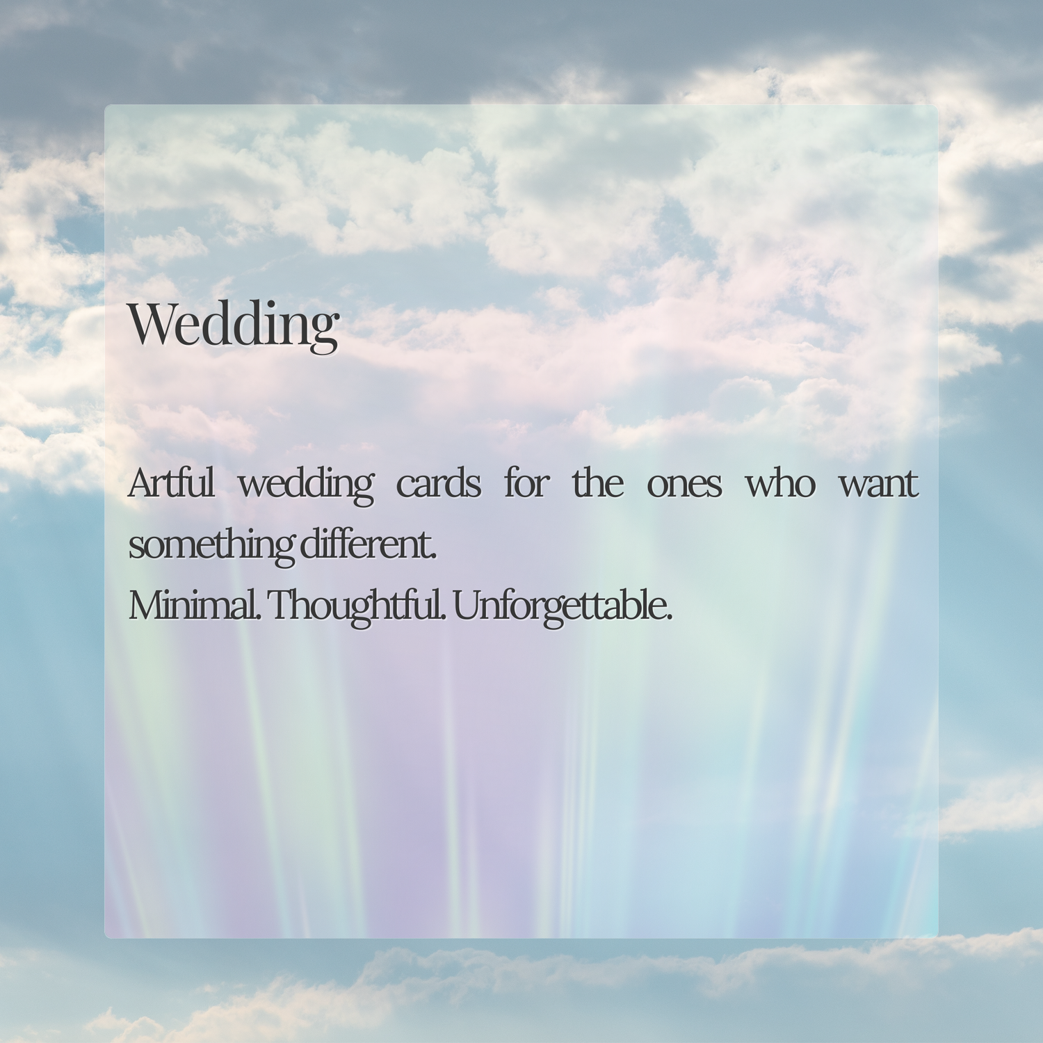 Minimalist wedding card collection title on a dreamy sky background with soft clouds and light beams, introducing elegant artful wedding cards for modern couples.