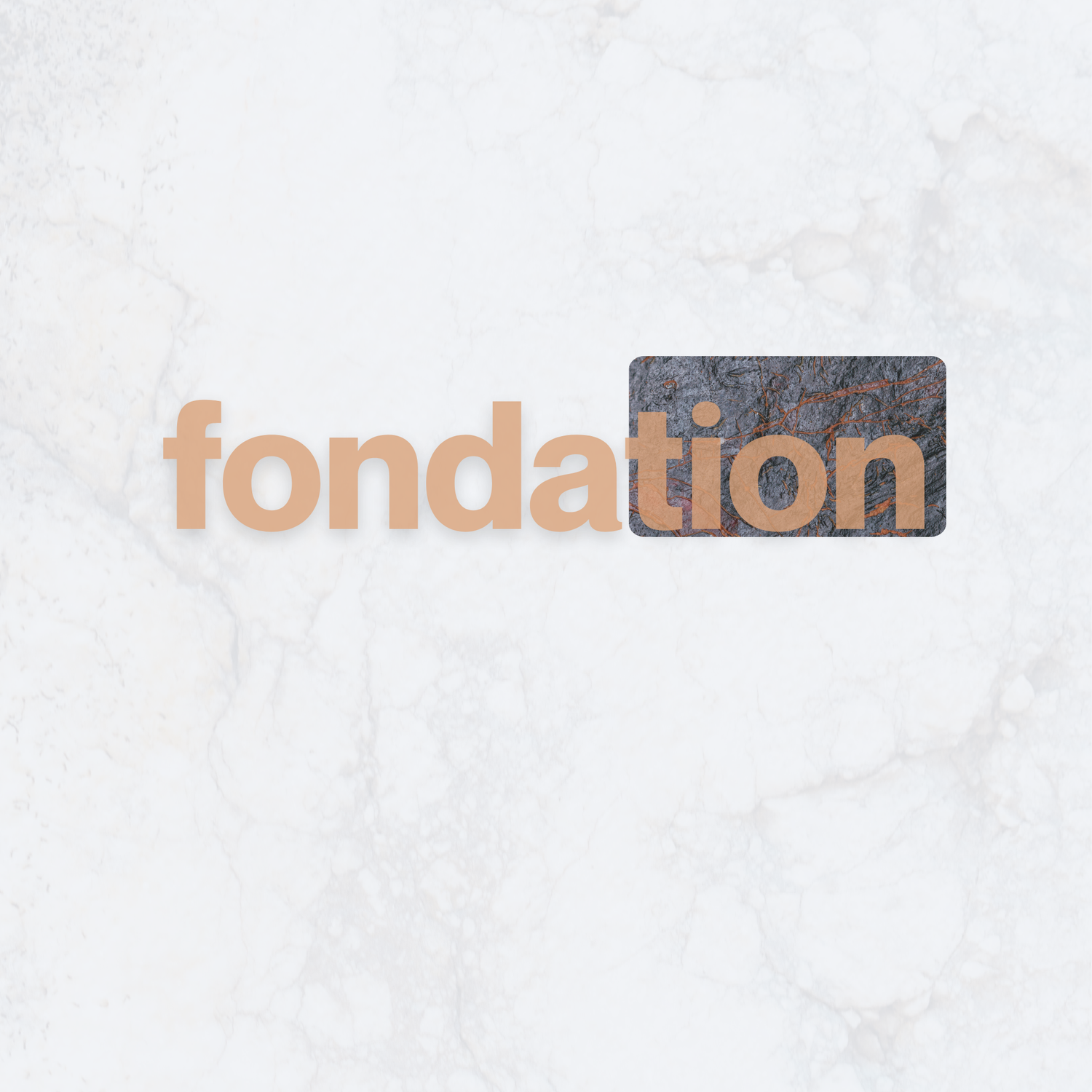 Fondation series logo featuring the word ‘fondation’ in warm earthy tones with a textured stone detail, representing the art collection of chrome, terracotta, and mother of pearl.”