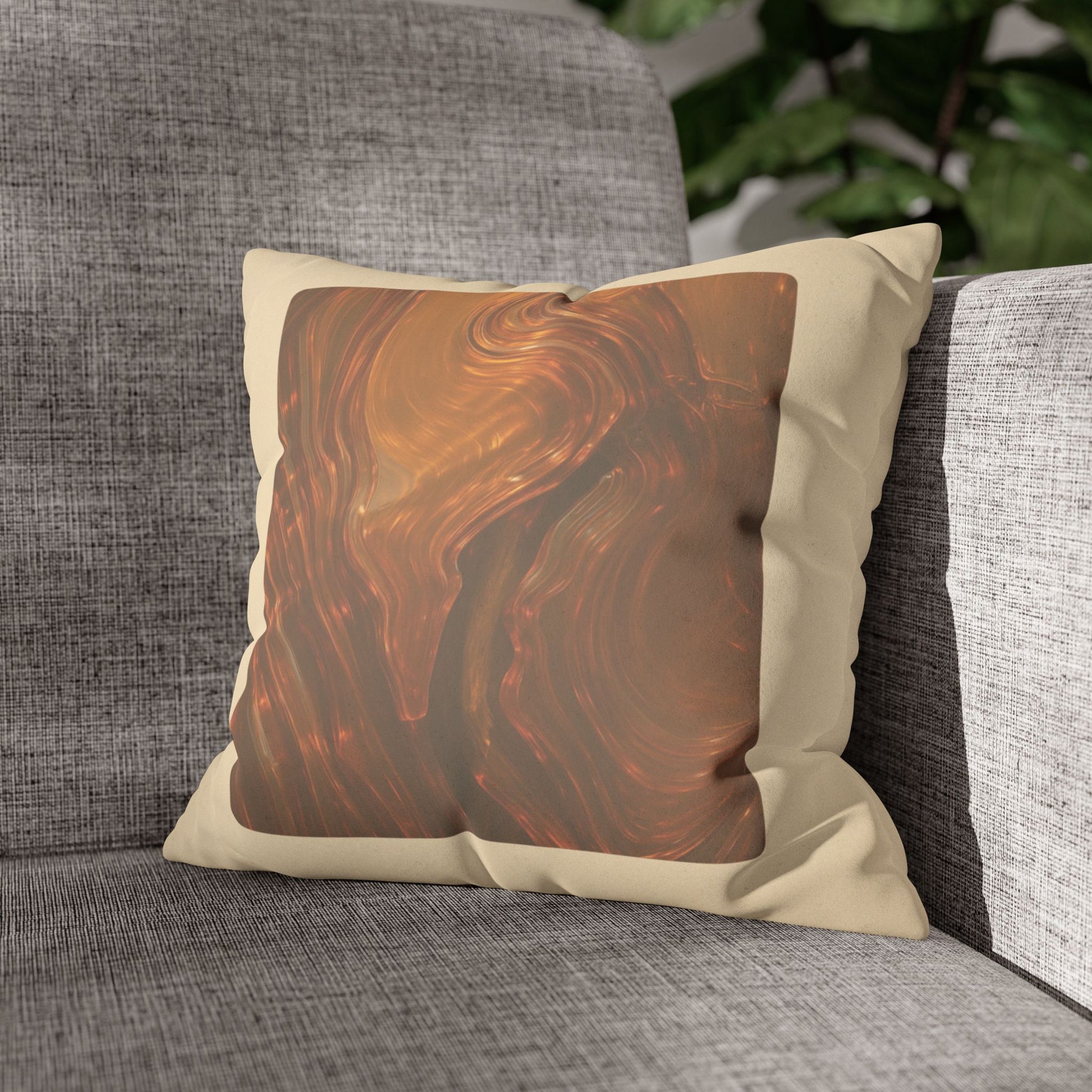 Whispers of Fall abstract art pillow cover on a modern gray chair — part of the Cozy Leaf Set with matching bookmark, seasonal fall home decor gift duo.