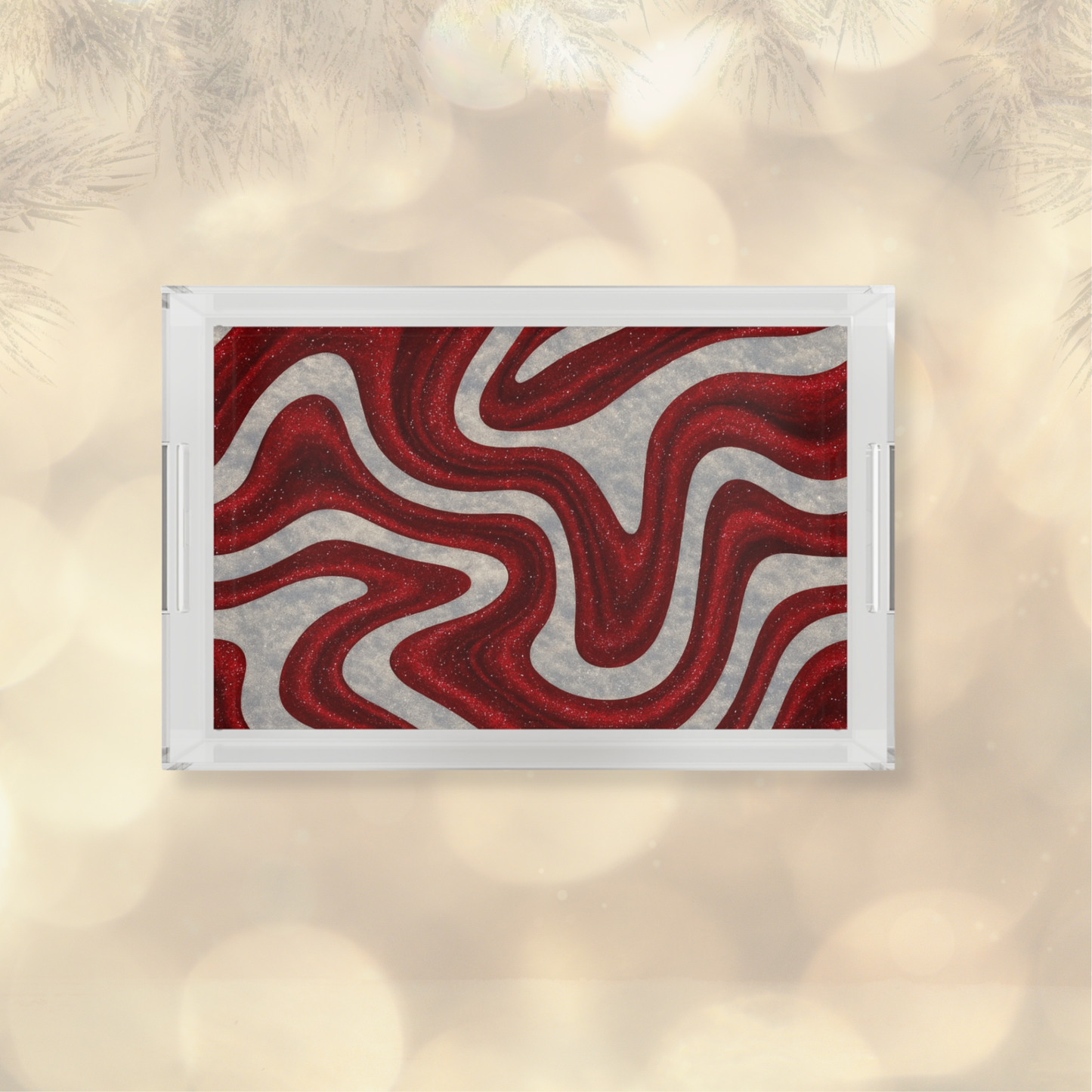 Clear acrylic serving tray with bold red and white candy swirl design, perfect for holiday entertaining, coffee table styling, or hostess gifting.
