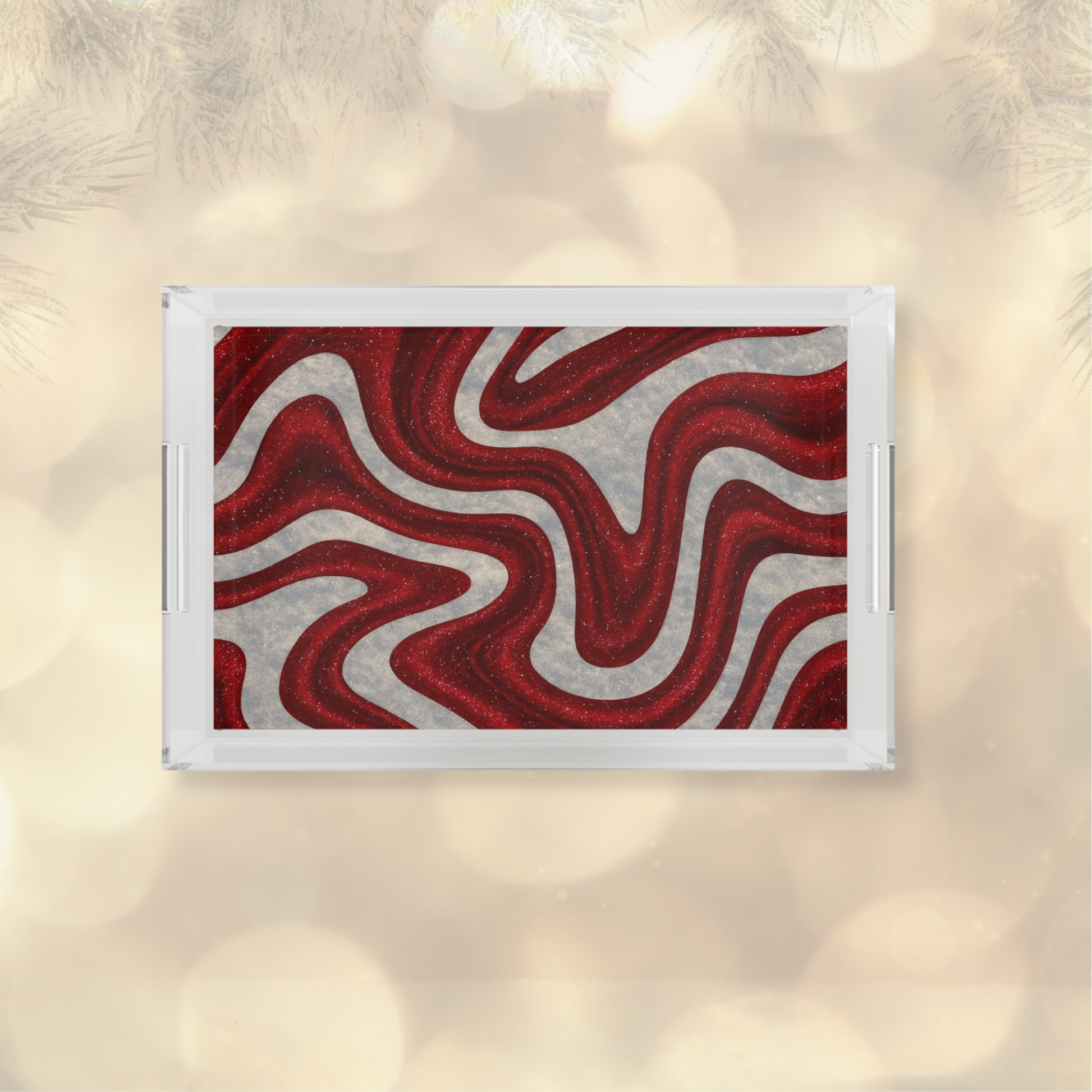 Clear acrylic serving tray with bold red and white candy swirl design, perfect for holiday entertaining, coffee table styling, or hostess gifting.
