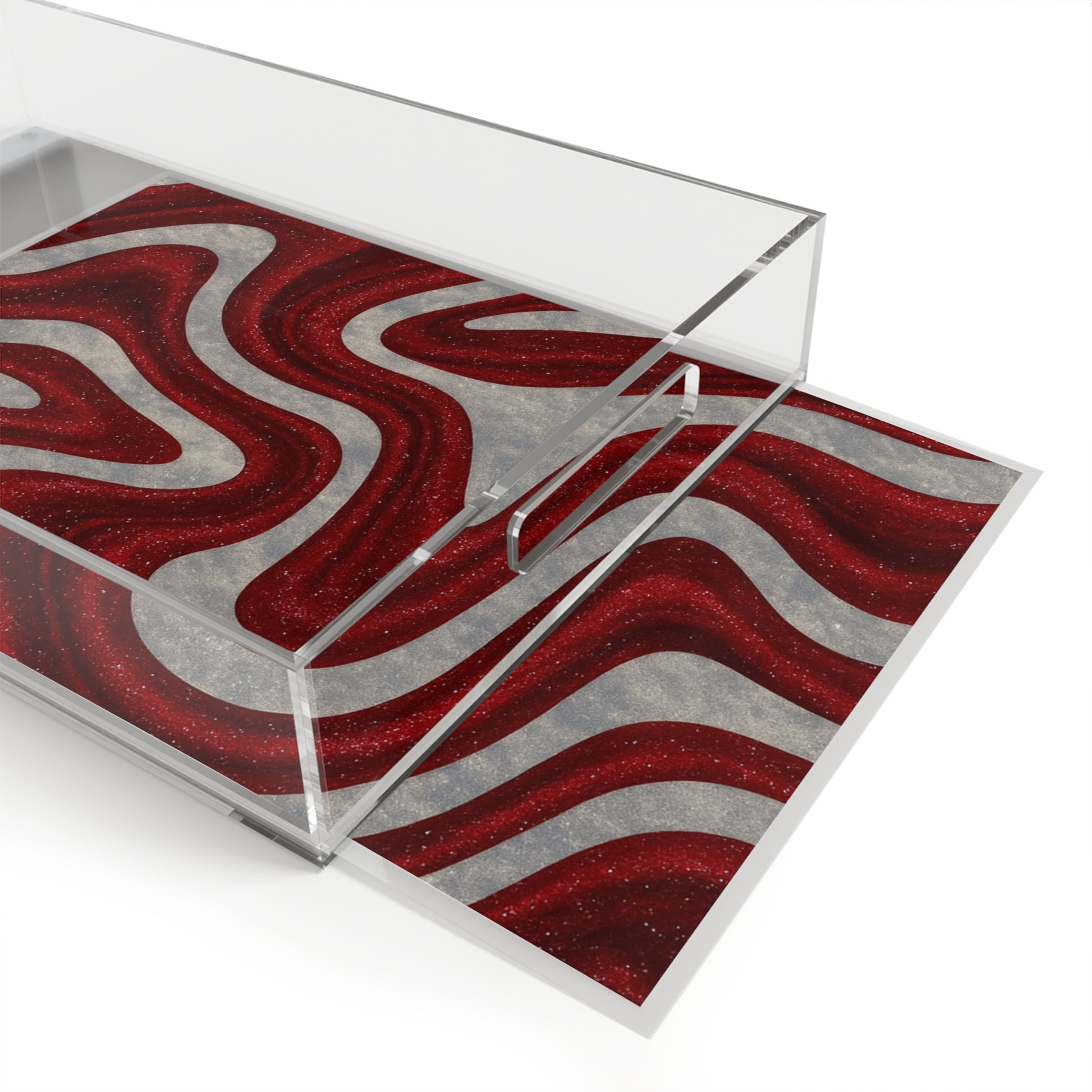 Close-up of candy cane–inspired red shimmer and white swirl pattern inside clear acrylic serving tray, showing modern holiday design and glossy finish.