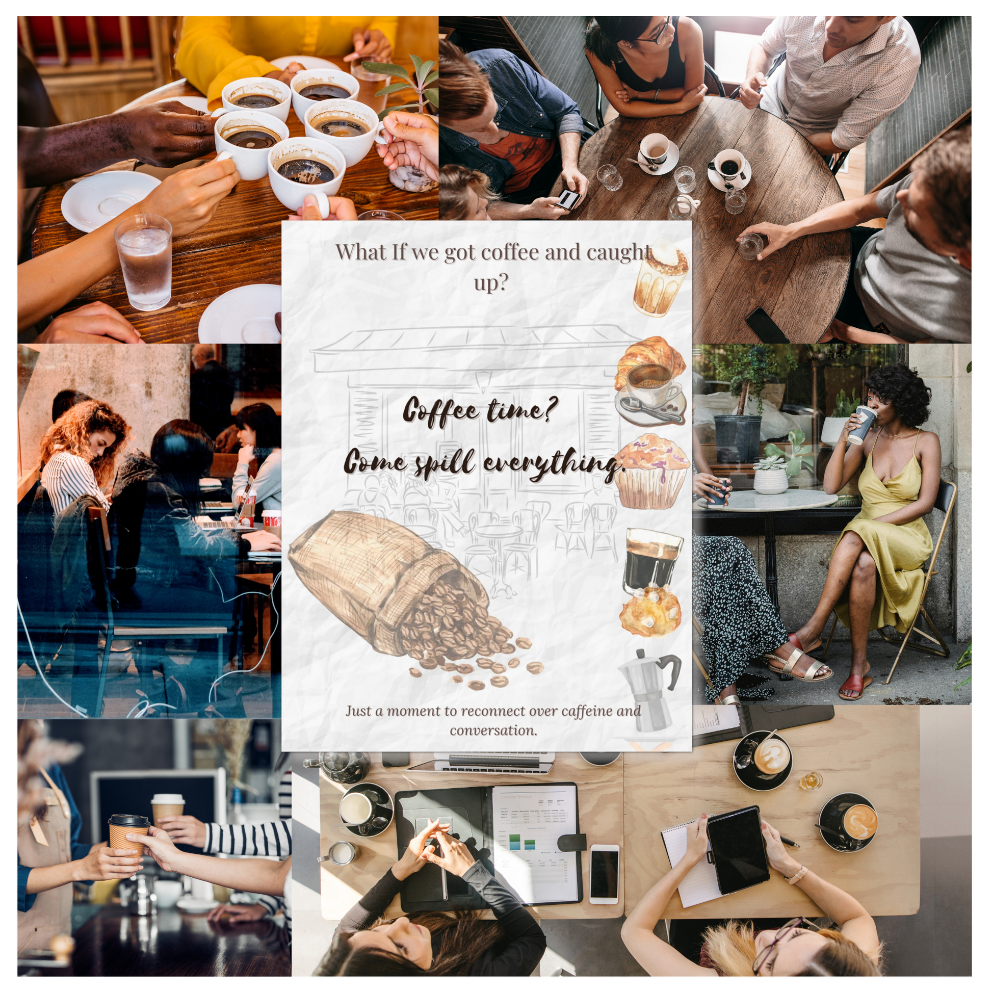 Collage of real-life coffee gatherings surrounding the Coffee Time Invite card by PEC x What-If Collection. Created to spark connection.