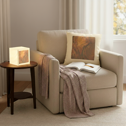 Cozy autumn reading nook with Whispers of Fall 14x14 pillow cover featuring abstract wish bar swirl design, a glowing 7.7-inch cube lamp with matching fall art, and a coordinating bookmark resting inside an open book. Complete Cozy Space Bundle for seasonal home decor and thoughtful fall gifting.