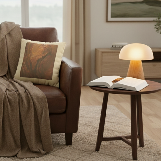 Whispers of Fall Cozy Leaf Set with abstract art pillow cover on a leather sofa and matching bookmark on an open book beside a glowing lamp — cozy autumn home decor gift duo.