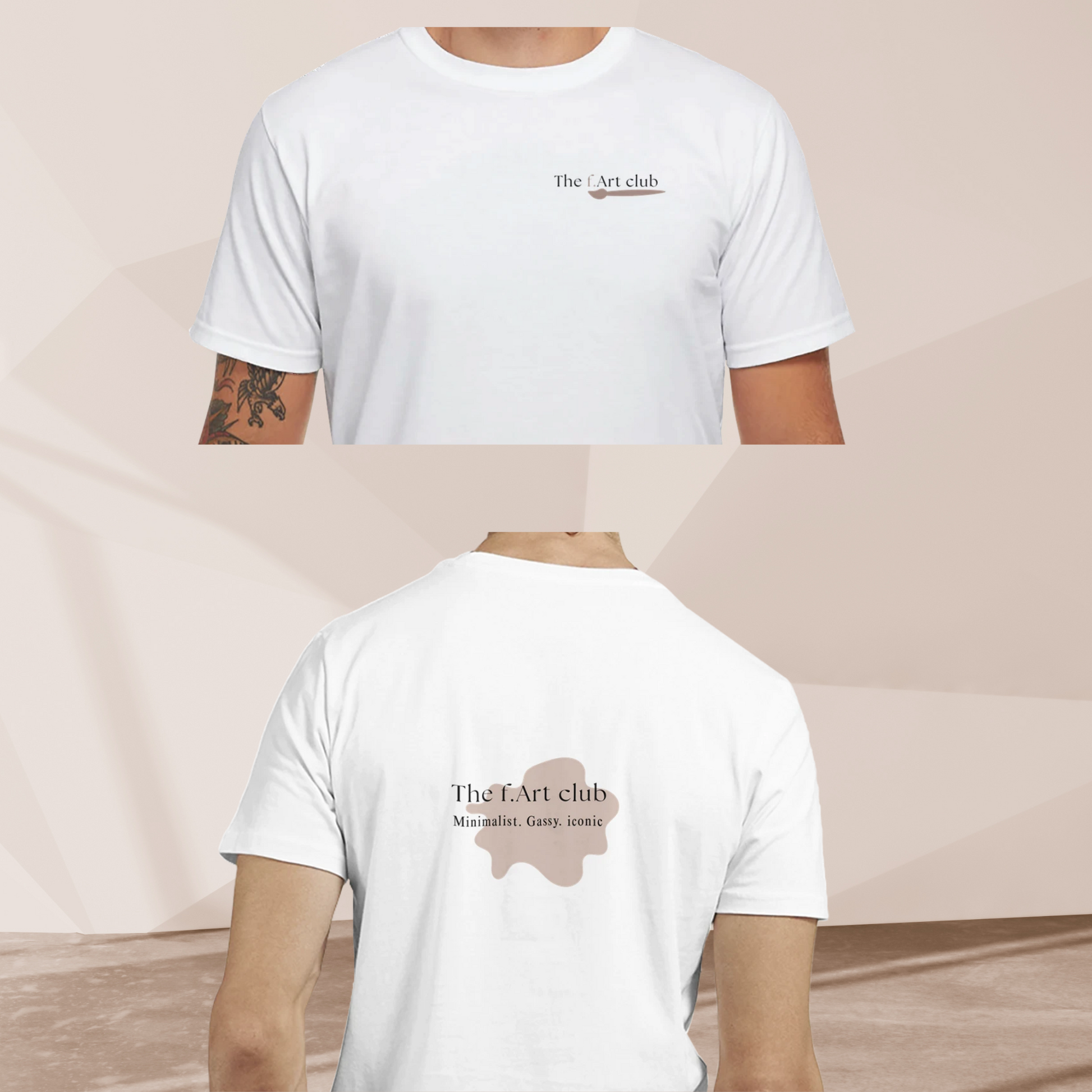 Close-up crop of the f.Art Club white tee showcasing minimalist chest logo with brushstroke detail