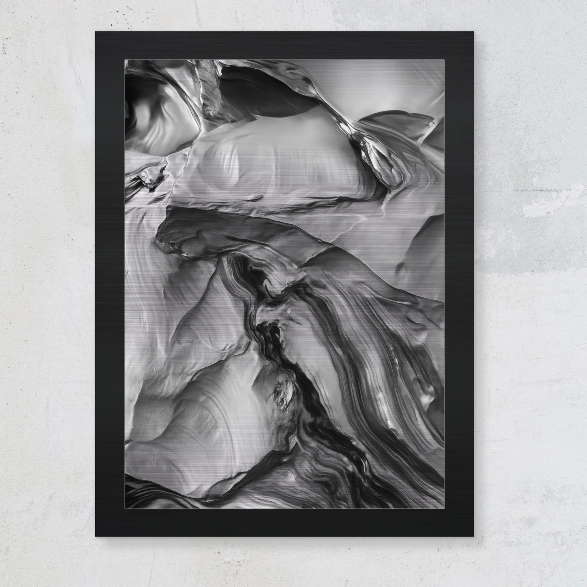 Minimalist chrome-inspired abstract wall art from the Fondation Series, showcasing textural black-and-silver contrasts in a modern frame.