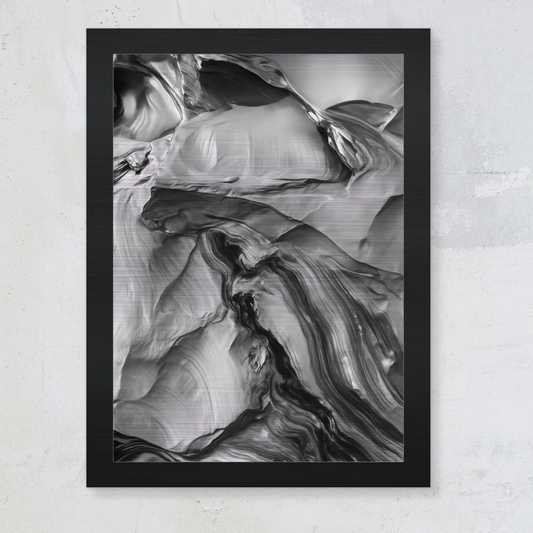 Minimalist chrome-inspired abstract wall art from the Fondation Series, showcasing textural black-and-silver contrasts in a modern frame.