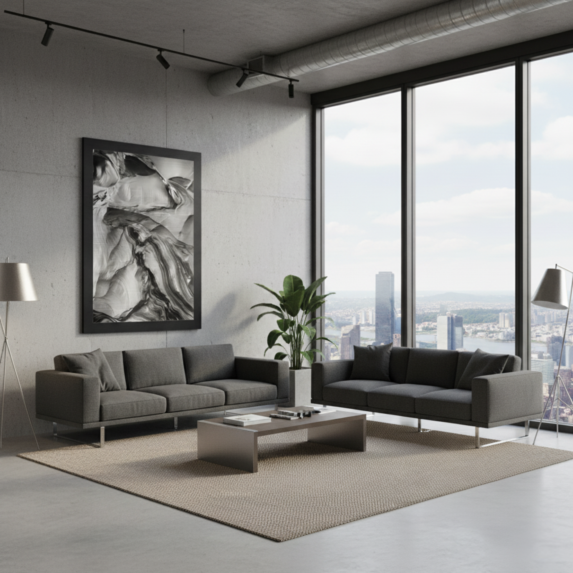 Oversized Fondation Series chrome abstract wall art showcased in a modern city-view living room, illustrating custom large-format sizing.
