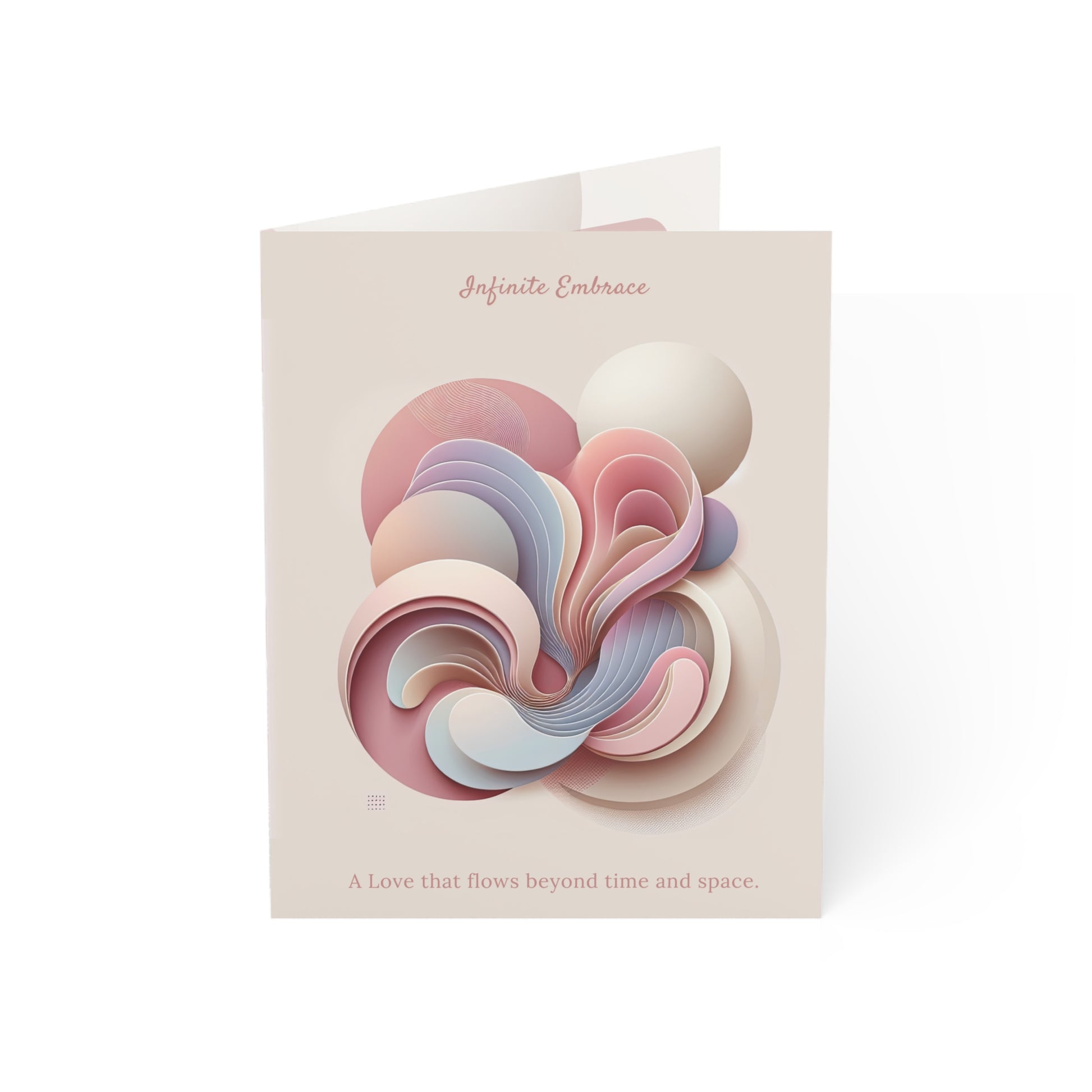 Front of “Infinite Embrace” Mother’s Day card featuring soft fluid abstract art and the quote “A Love that flows beyond time and space.”
