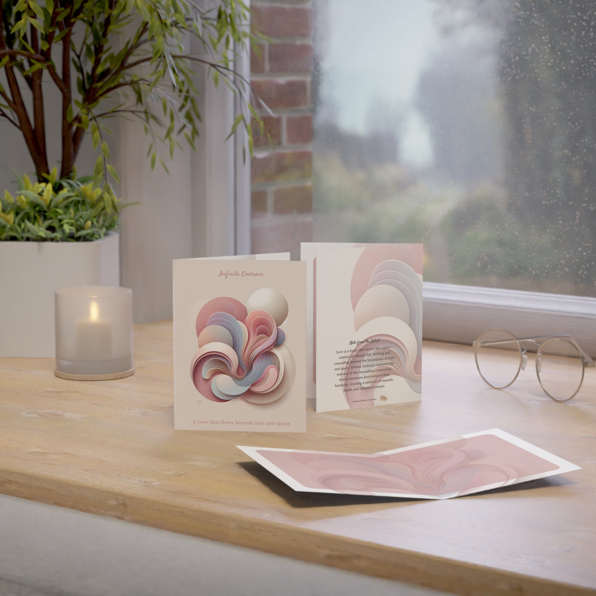 Infinite Embrace abstract Mother’s Day card displayed with back artist note, inside art, and soft natural lighting on a wooden table.