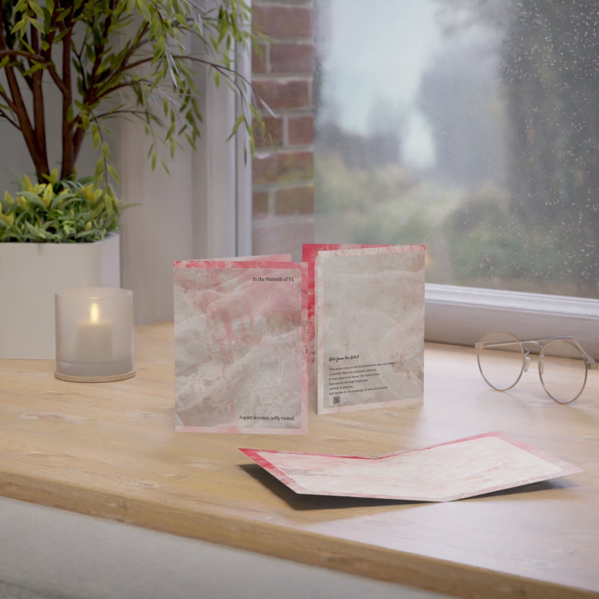 The “In the Warmth of Us” wedding card displayed in soft light near a window with a candle and glasses—an elegant, heartfelt keepsake for quiet love.
