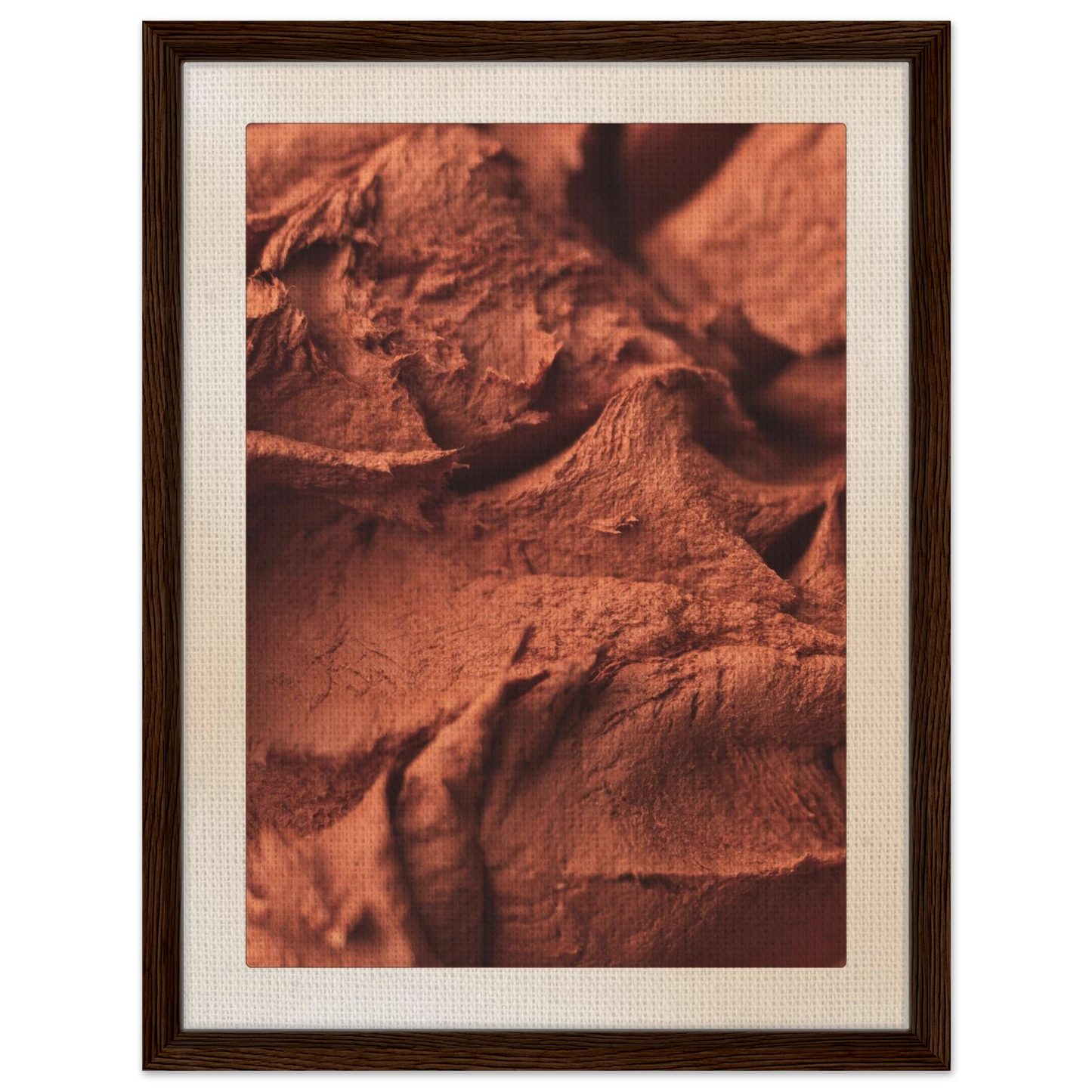 Origin terracotta textural framed canvas wall art in 18x24 medium size with dark wood frame, bold abstract artwork for office or living room walls.