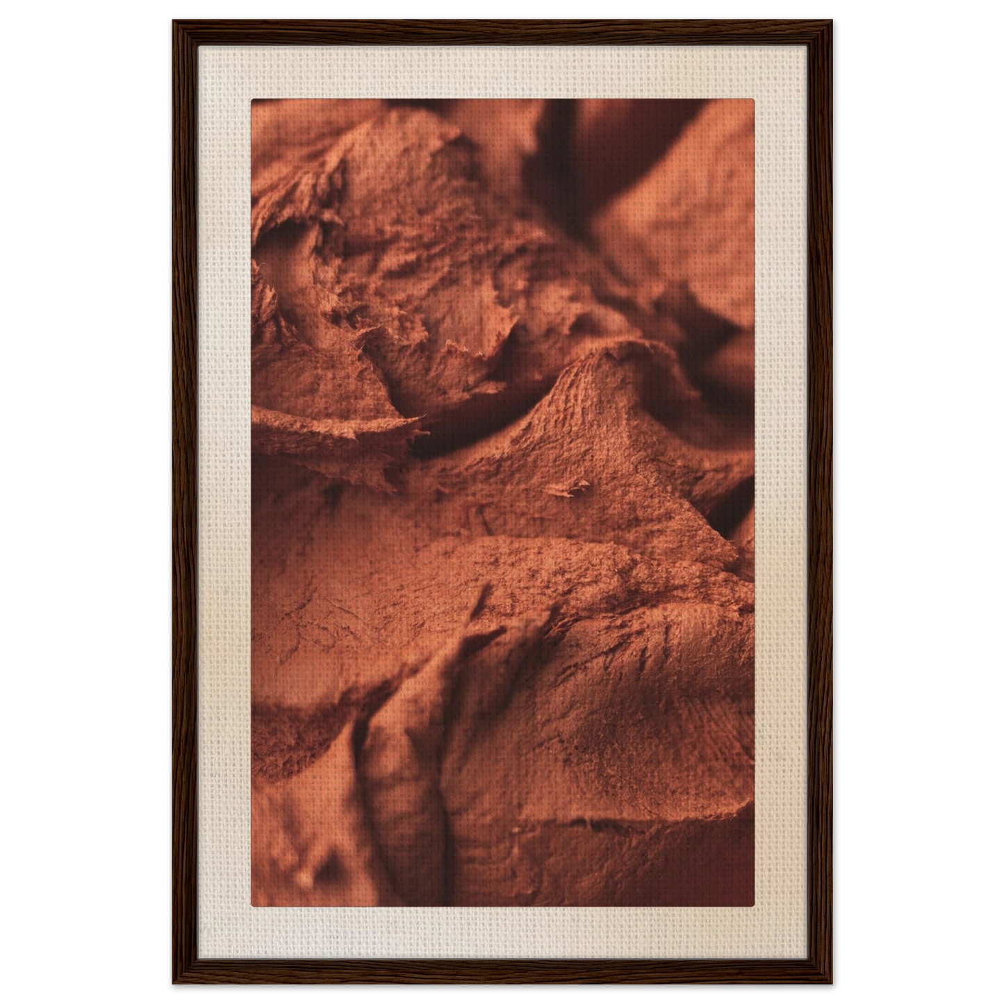 Oversized 24x36 Origin terracotta canvas art framed in dark wood, dramatic earthy abstract texture perfect for gallery walls or modern home styling.
