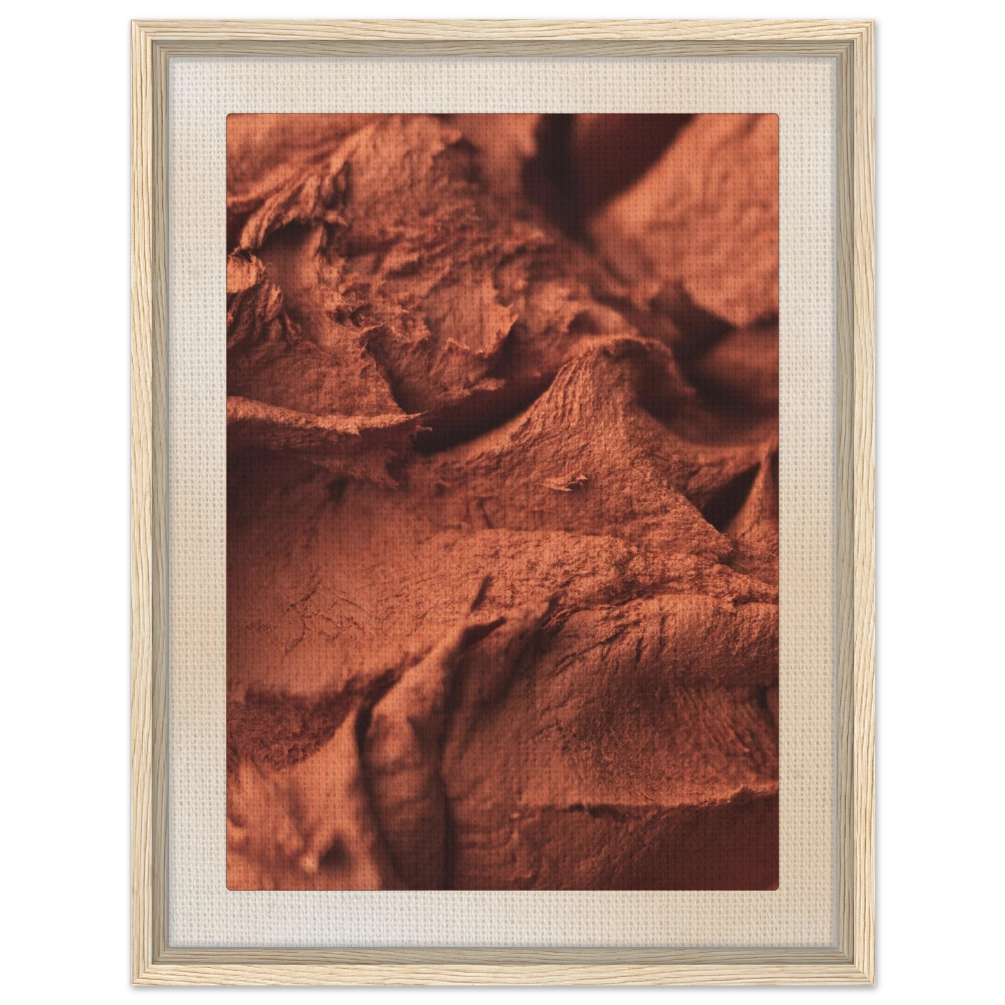 Origin terracotta canvas print with natural wood frame in 18x24 medium size, warm textured abstract wall art for living rooms and bedrooms.