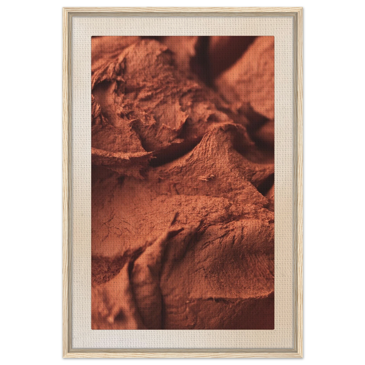 Large 24x36 Origin terracotta framed canvas wall art in natural wood, oversized earthy abstract piece for statement walls and modern interiors.
