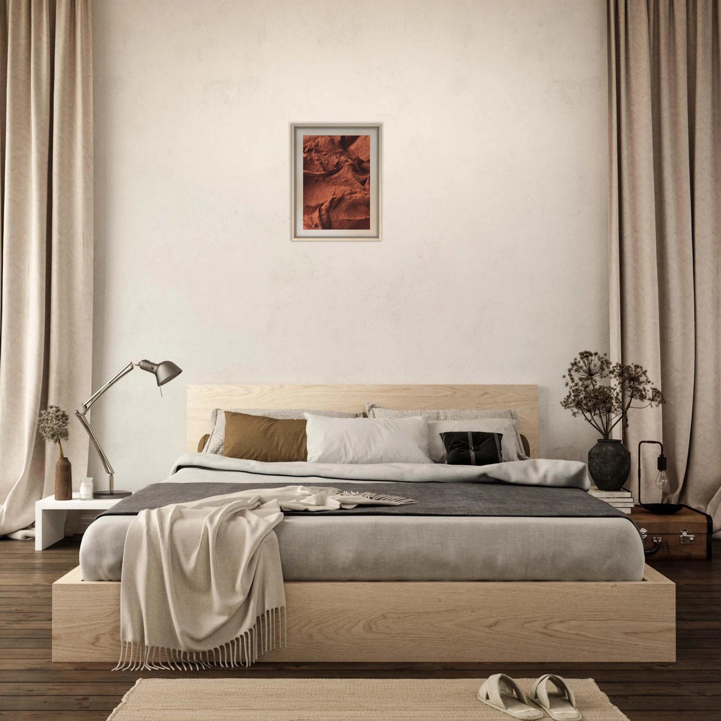 Origin terracotta framed canvas wall art above a modern minimalist bed with neutral linens, wood accents, and soft earth tones — abstract artwork bringing warmth and depth to contemporary bedroom decor.