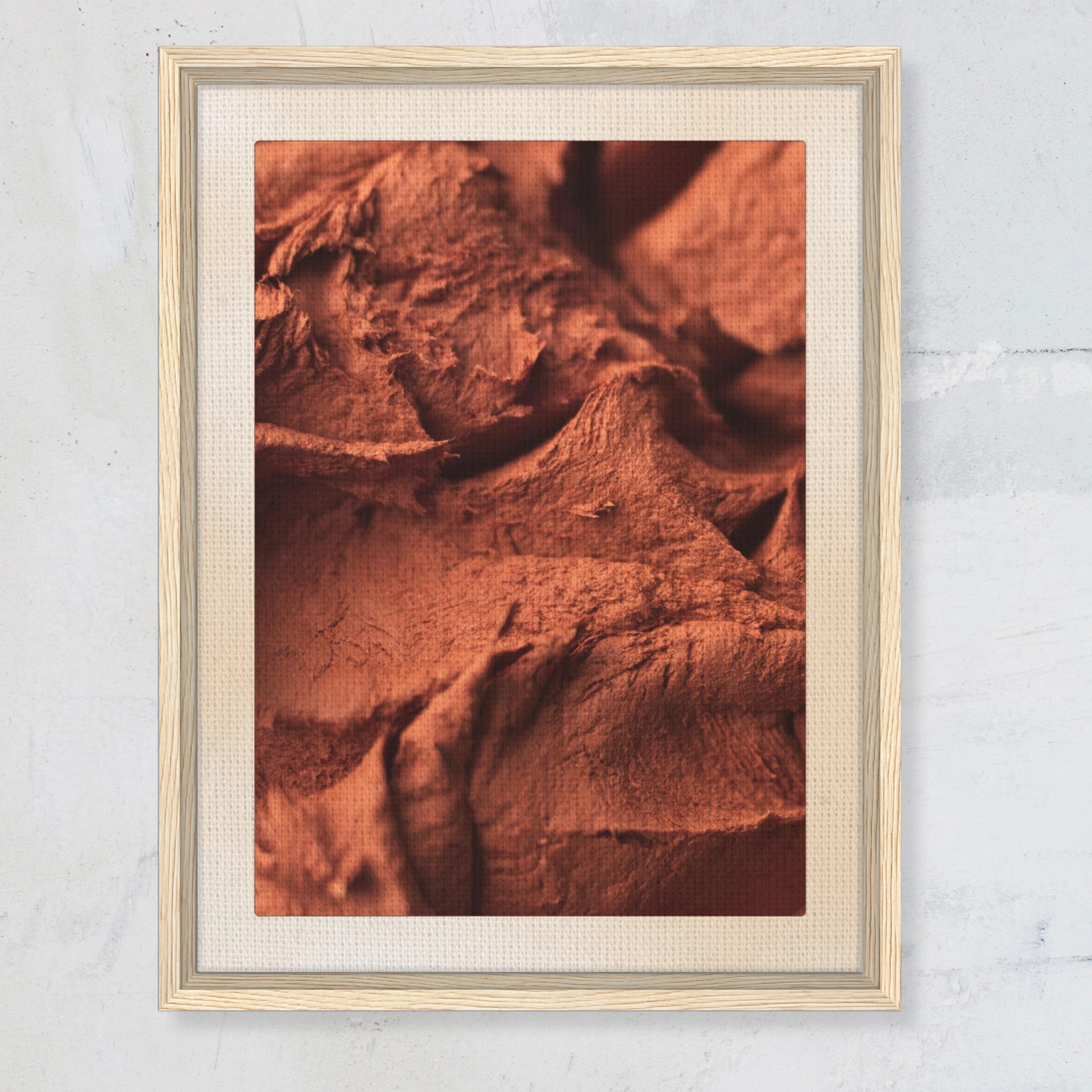Origin terracotta framed canvas wall art — textured abstract artwork with earthy red tones, modern natural wood frame, perfect for living rooms, bedrooms, or gallery walls