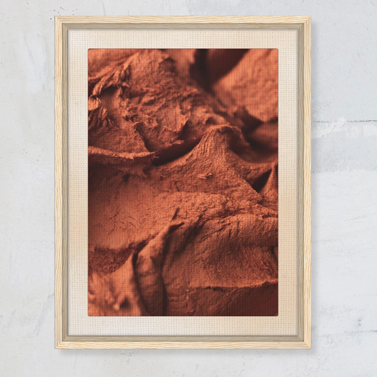 Origin terracotta framed canvas wall art — textured abstract artwork with earthy red tones, modern natural wood frame, perfect for living rooms, bedrooms, or gallery walls