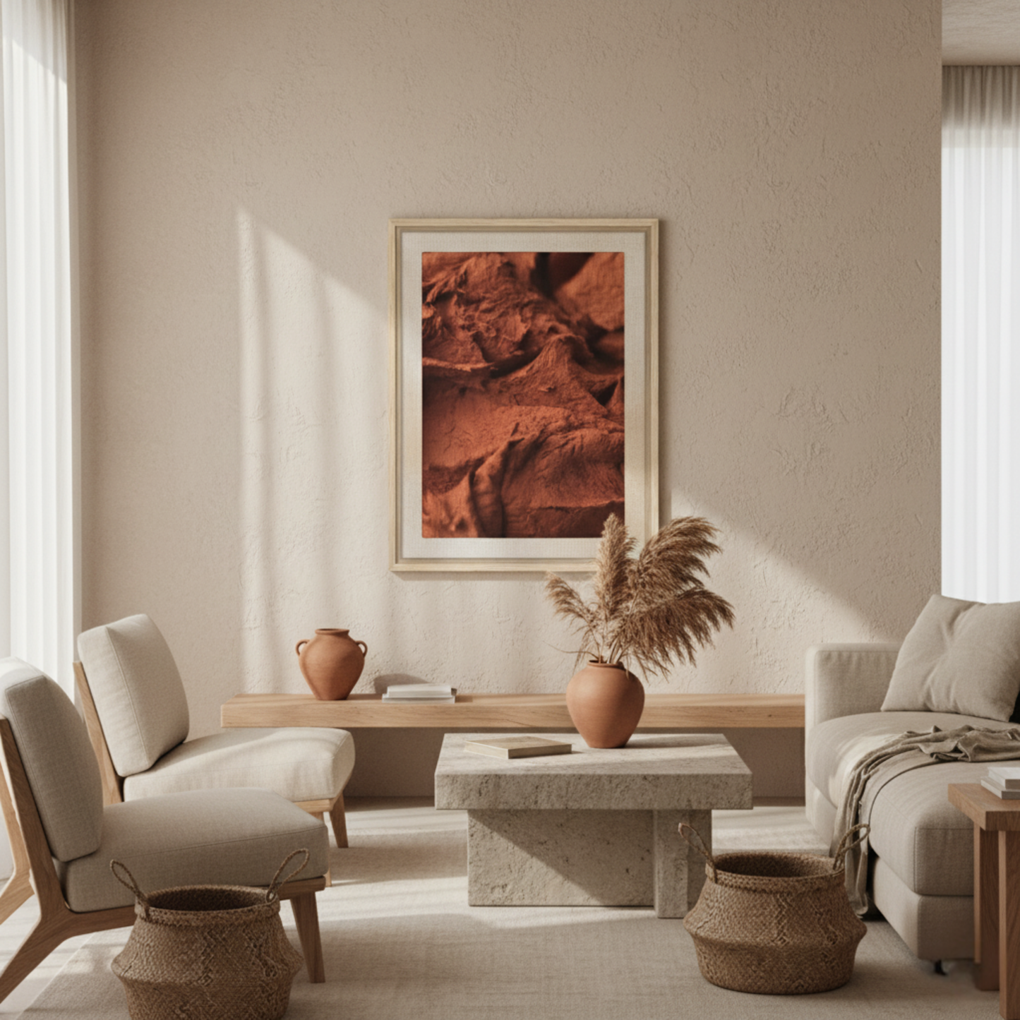 Oversized Origin terracotta canvas wall art displayed in a modern living room with natural textures and pampas grass, highlighting the possibility of larger custom sizes for bold statement decor.