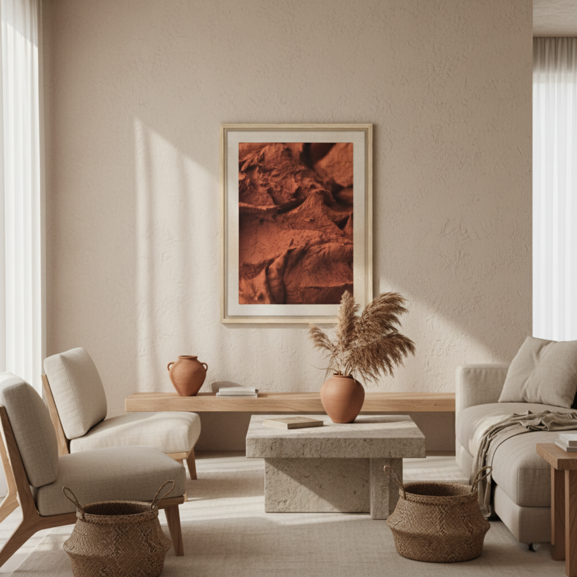 Oversized Origin terracotta canvas wall art displayed in a modern living room with natural textures and pampas grass, highlighting the possibility of larger custom sizes for bold statement decor.