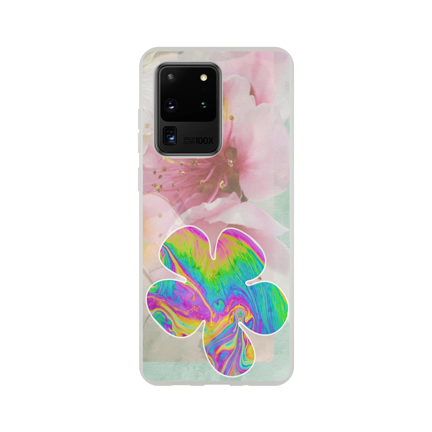 Samsung Galaxy S20 Ultra phone case with delicate cherry blossom background and vibrant psychedelic flower—artistic protection for spring style.
