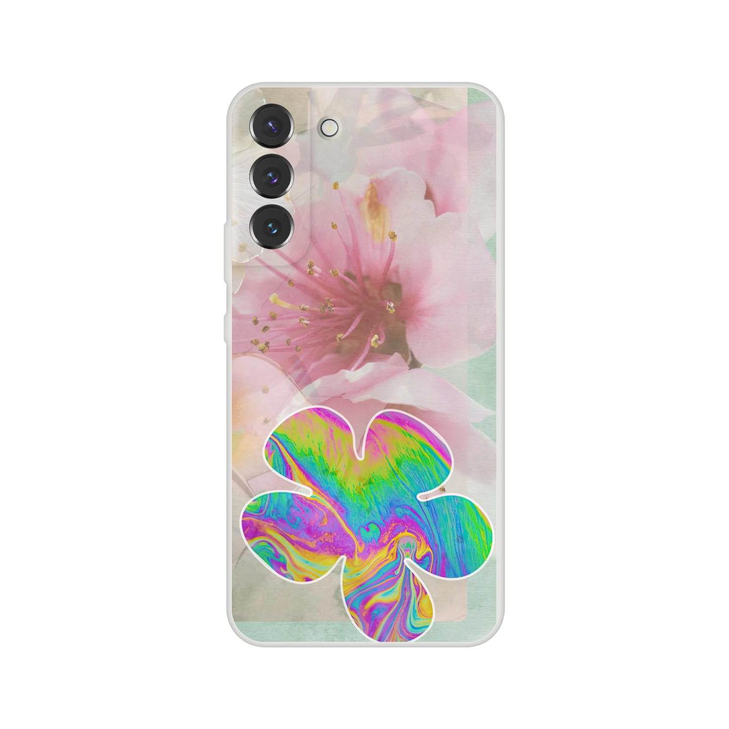 Samsung Galaxy S23 Plus case featuring soft cherry blossom petals and a bold psychedelic flower accent on a transparent background—stylish, protective floral art case.
