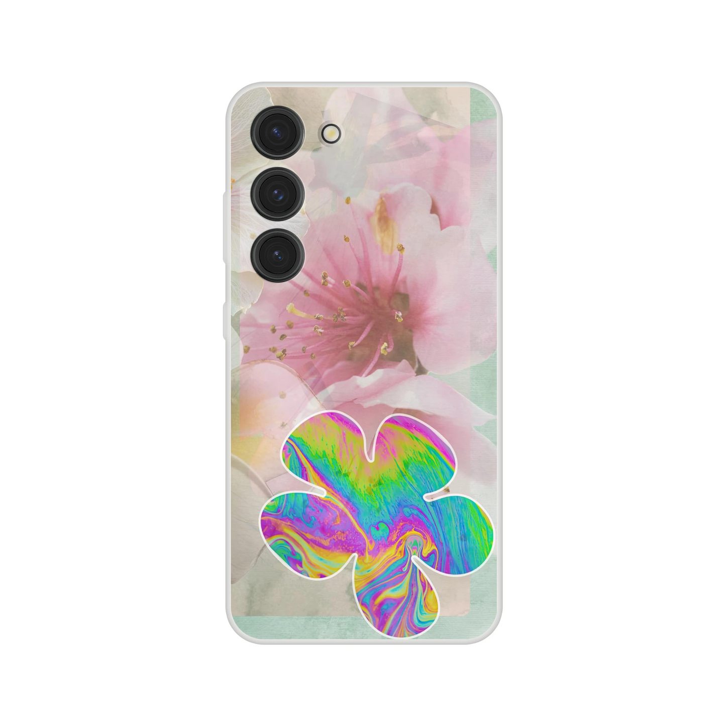 Samsung Galaxy S23 Plus clear phone case with soft cherry blossom background and a vibrant psychedelic flower design, shown on a neutral backdrop for modern product styling.