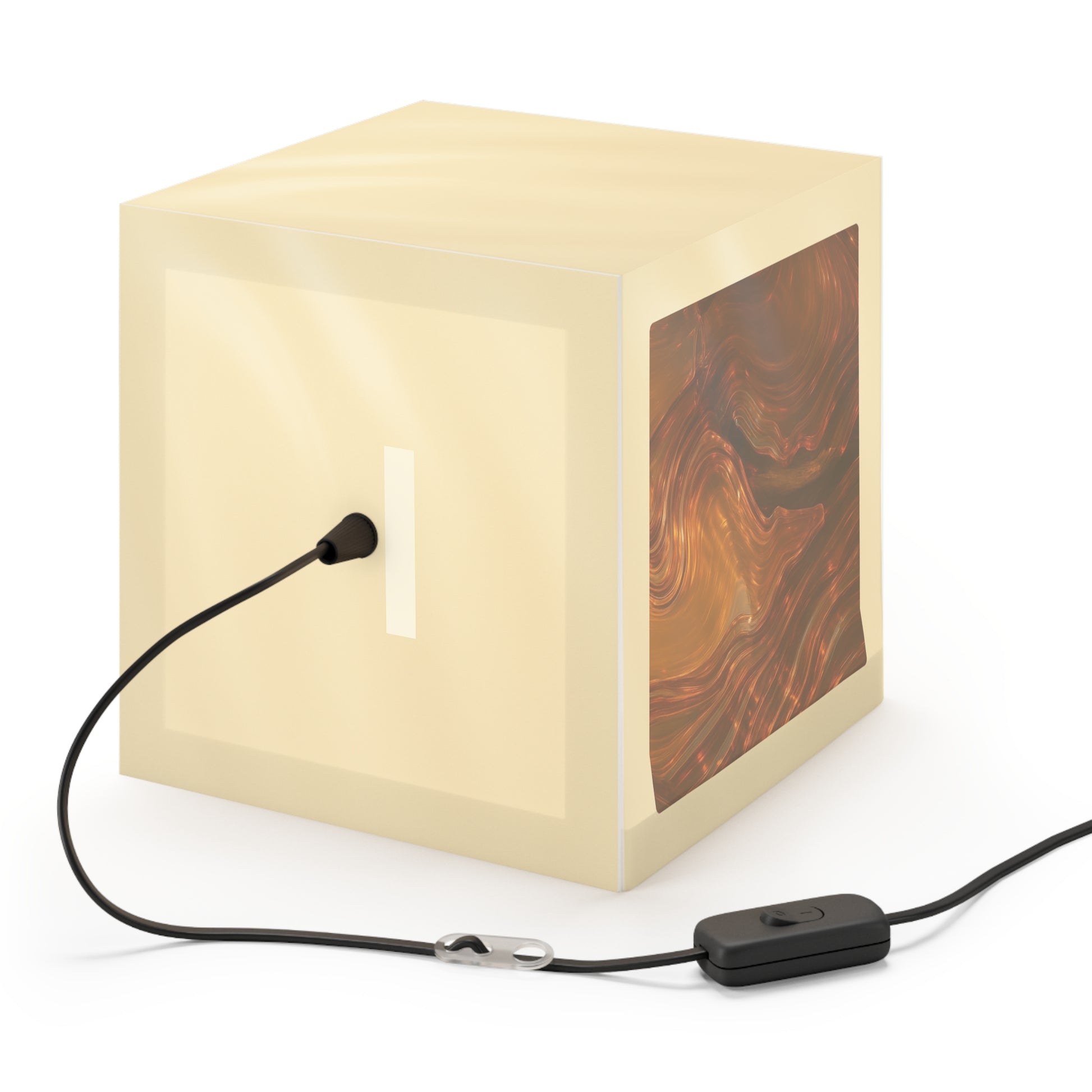 Abstract light cube lamp from the Whispers of Fall capsule, angled view showing cream tempered panels and bark-textured artwork front.