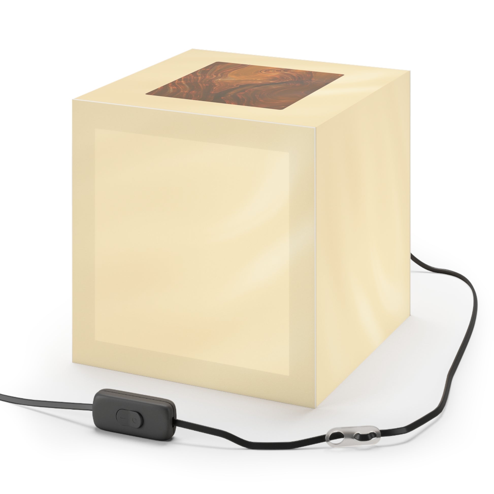 Back view of Whispers of Fall cube lamp featuring cream matte finish with small illuminated square for subtle light escape.